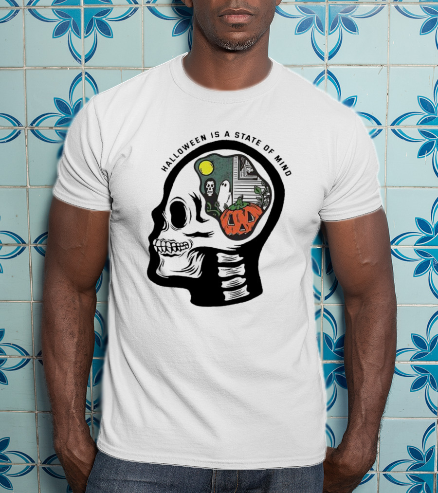 Halloween Is A State Of Mind Skull With Pumpkin And Ghosts T-Shirt