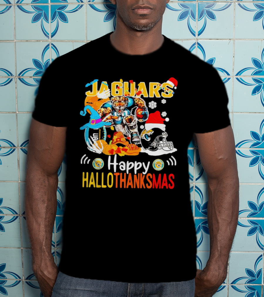 Jaguars Mascot Happy Hallothanksmas Football Halloween Thanksgiving Christmas T-Shirt