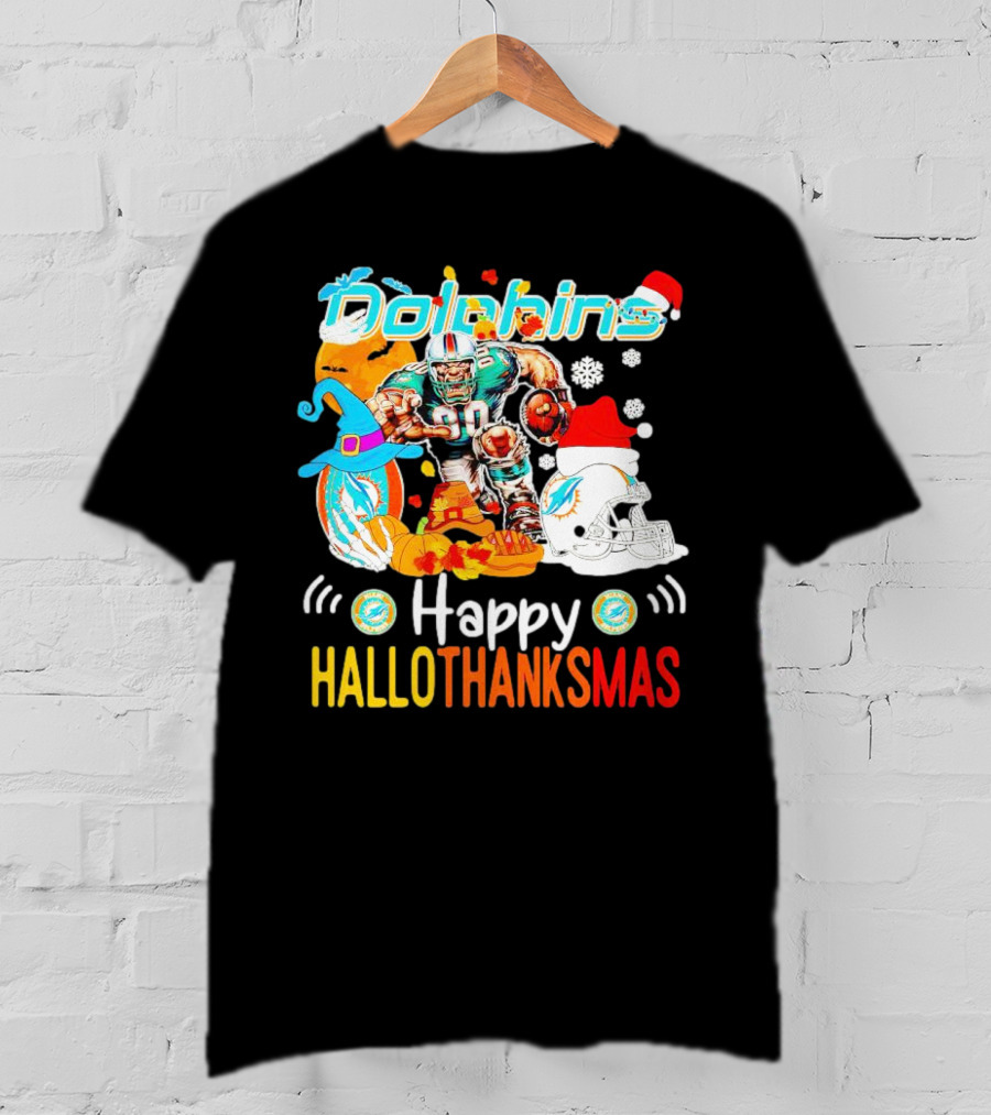 Miami Dolphins Mascot Happy Hallothanksmas Football Festive T-Shirt