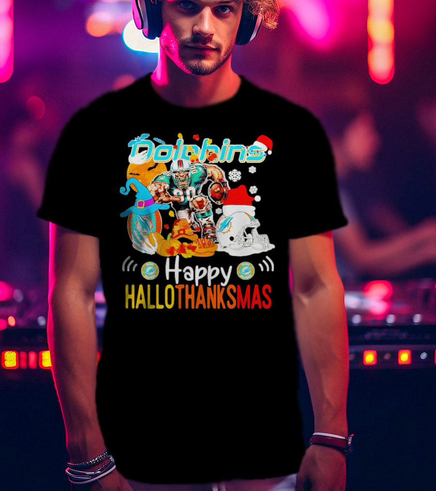 Miami Dolphins Mascot Happy Hallothanksmas Football Festive T-Shirt