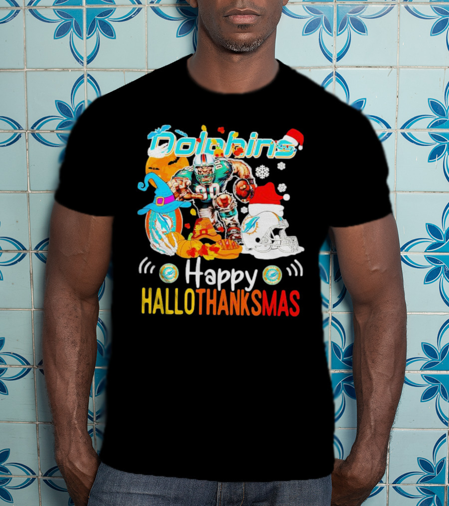 Miami Dolphins Mascot Happy Hallothanksmas Football Festive T-Shirt