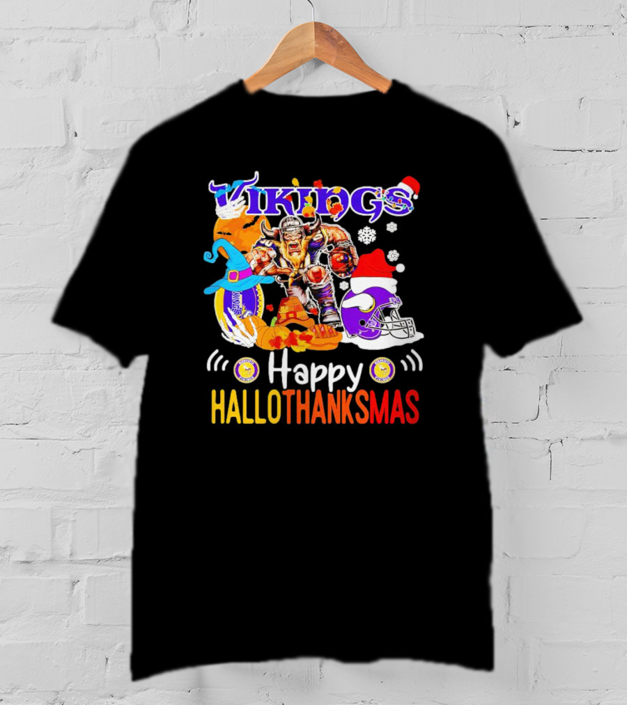 Vikings Mascot Happy Hallothanksmas Festive Football T-Shirt