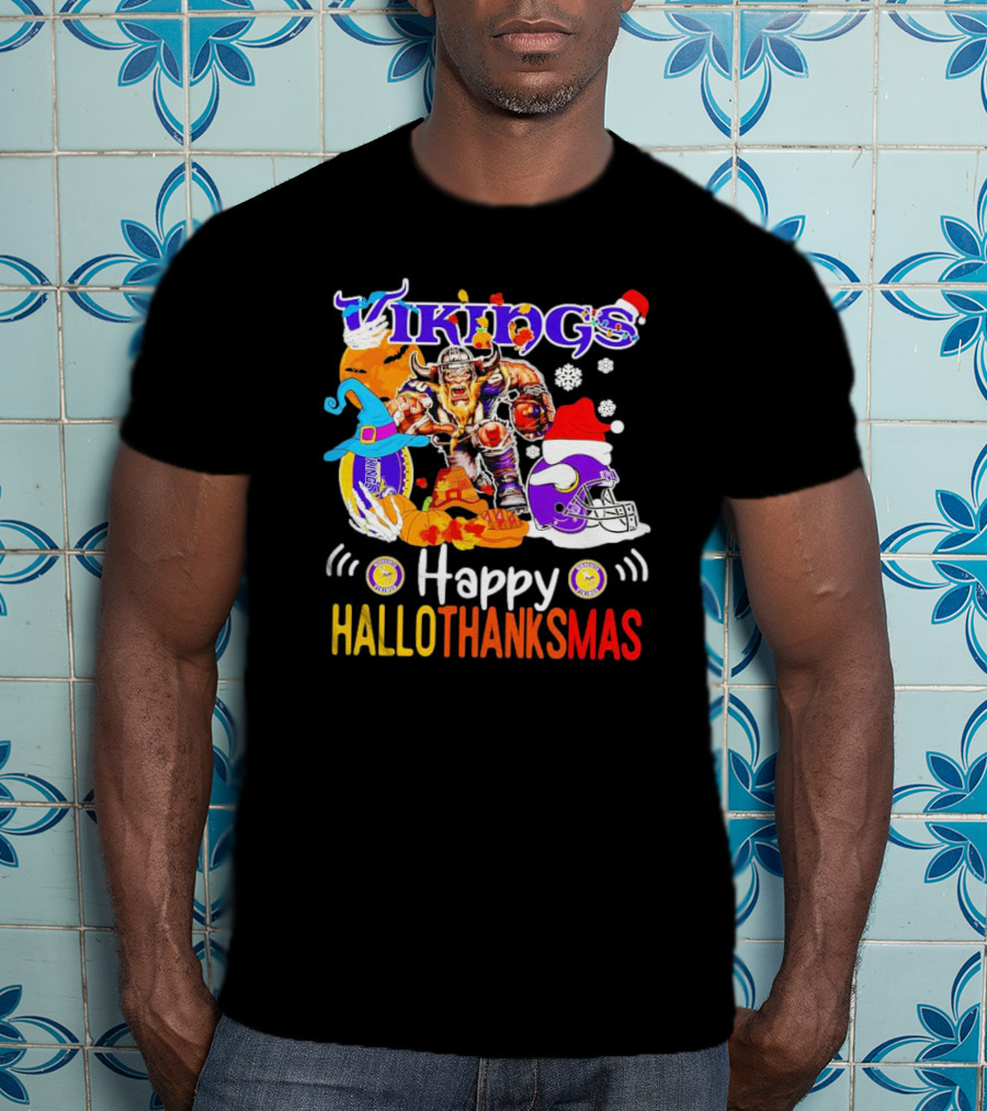 Vikings Mascot Happy Hallothanksmas Festive Football T-Shirt
