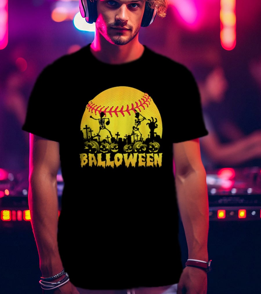 Balloween Softball Halloween Pumpkin Skeletons Graveyard T-Shirt