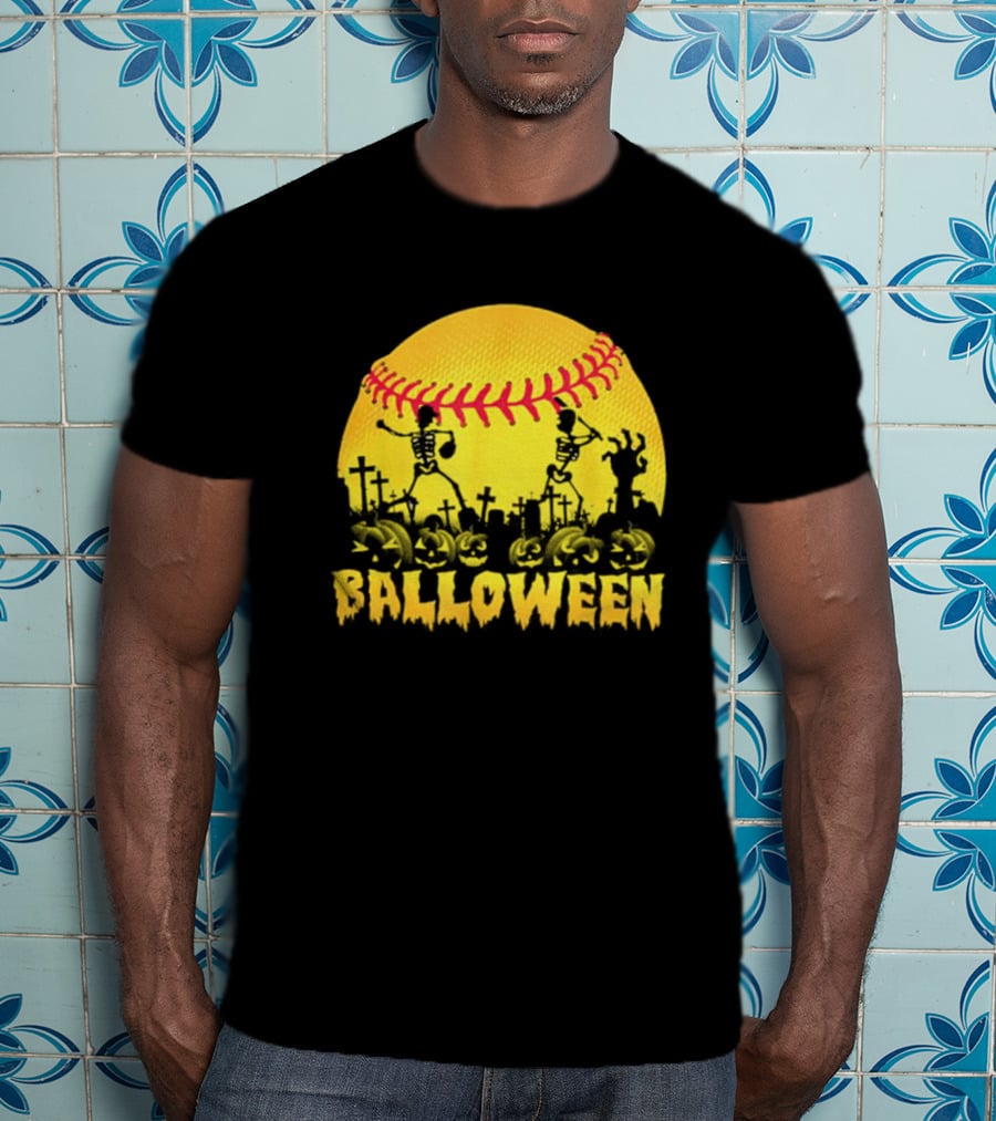 Balloween Softball Halloween Pumpkin Skeletons Graveyard T-Shirt
