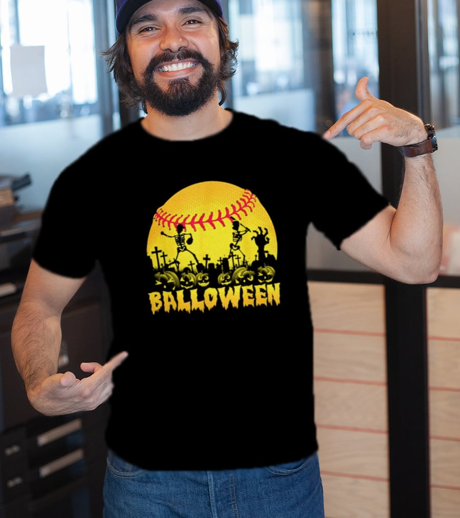 Balloween Softball Halloween Pumpkin Skeletons Graveyard T-Shirt