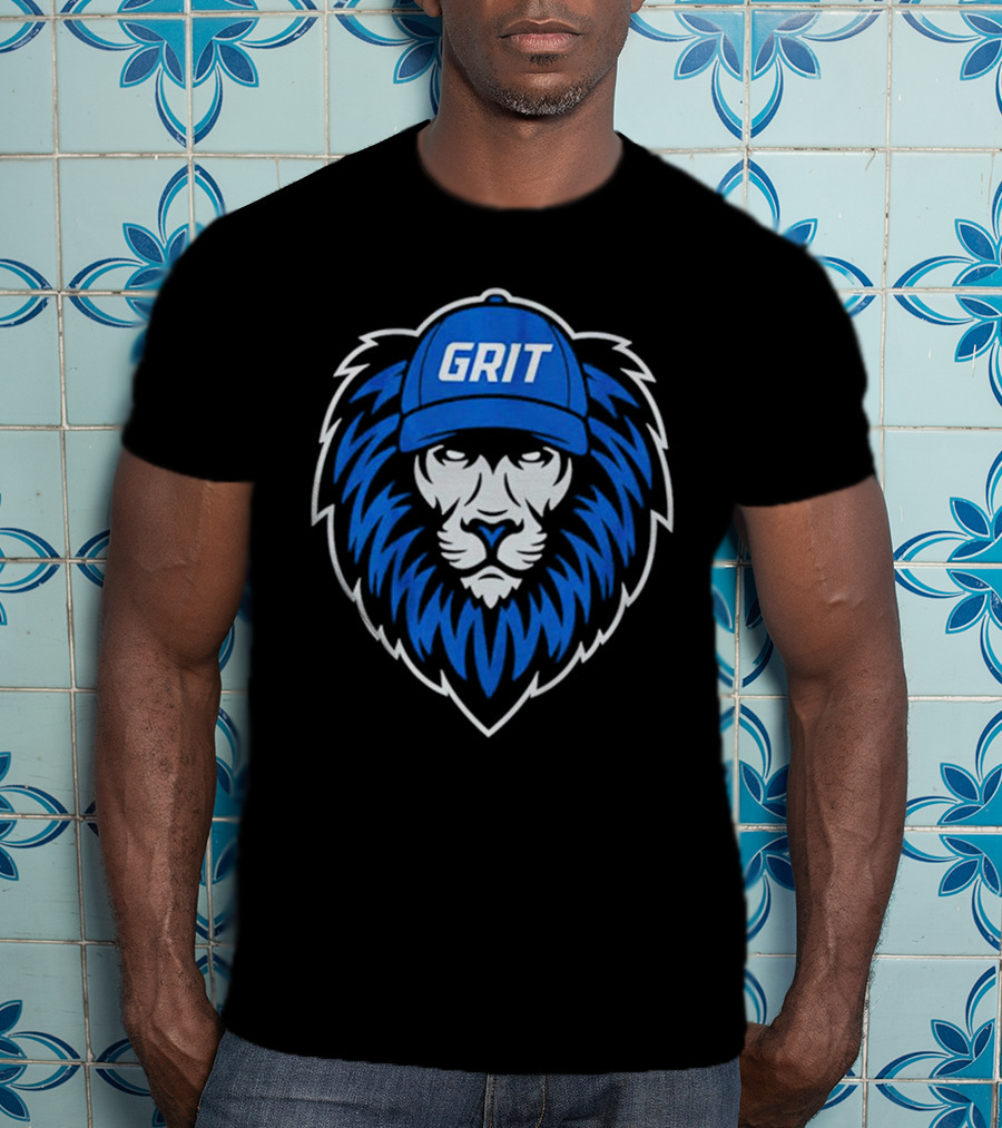 Detroit Lions Football Grit Lion With Blue Hat T-Shirt