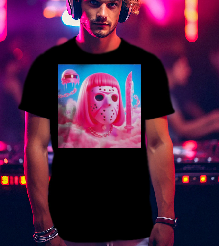Pink Friday The 13th Jason Hockey Mask And Knife In Pink Clouds T-Shirt