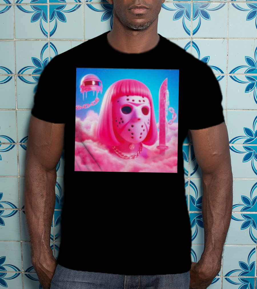 Pink Friday The 13th Jason Hockey Mask And Knife In Pink Clouds T-Shirt