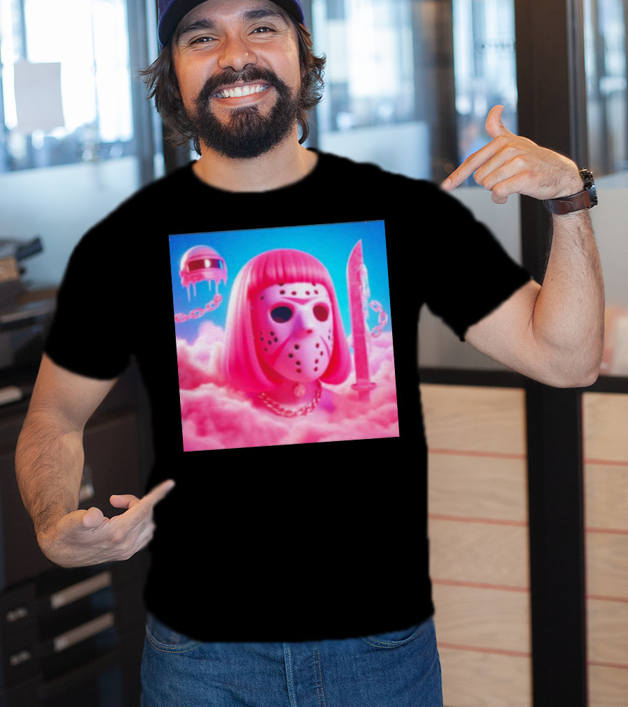 Pink Friday The 13th Jason Hockey Mask And Knife In Pink Clouds T-Shirt