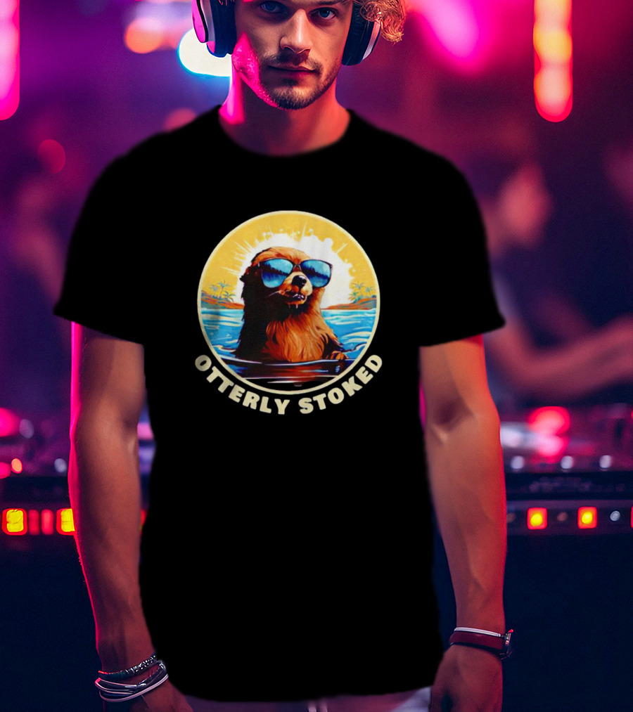 Otterly Stoked Sunglasses Otter With Tropical Ocean Background T-Shirt