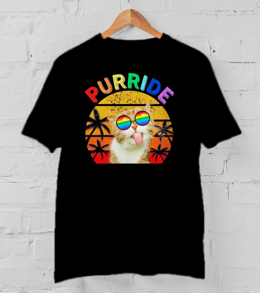 Purride Cat Tongue Out Rainbow Sunglasses Palm Trees Vintage Sunset T-Shirt