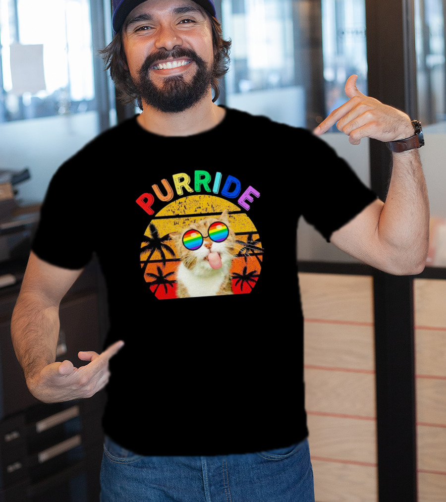 Purride Cat Tongue Out Rainbow Sunglasses Palm Trees Vintage Sunset T-Shirt