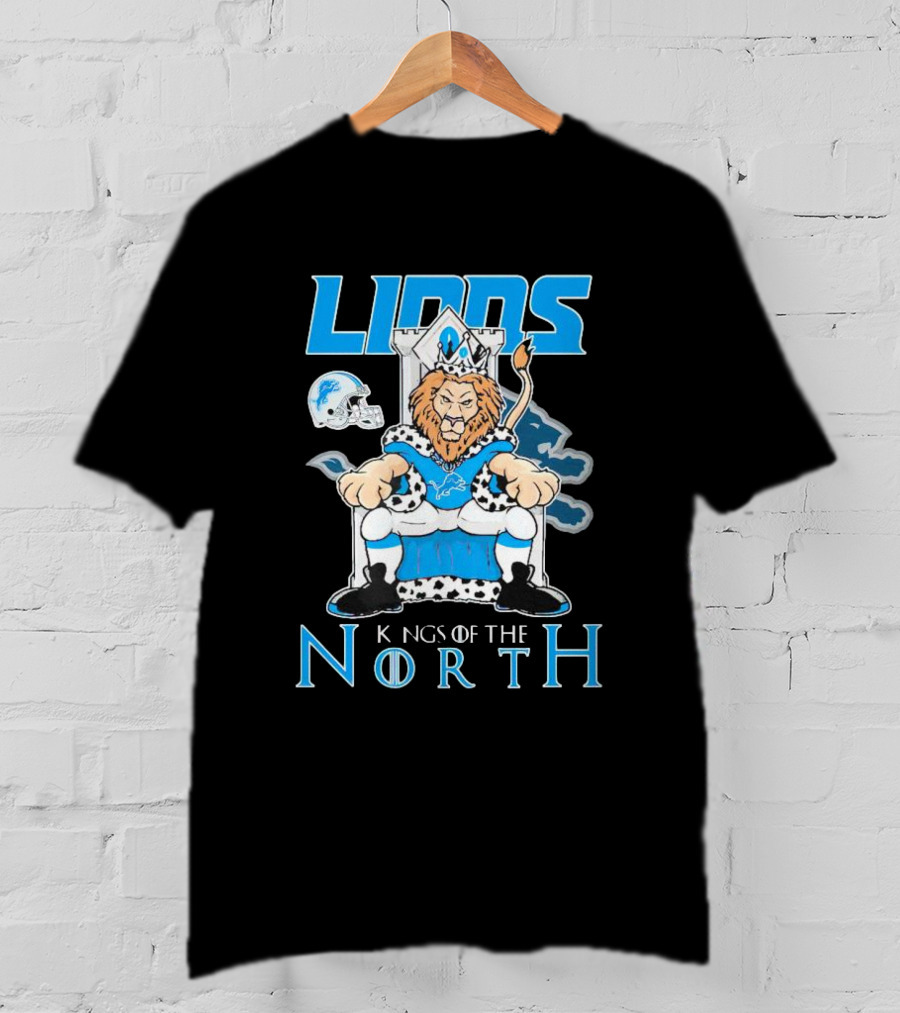 Detroit Lions Kings Of The North Mascot Roaring On Throne With Helmet T-Shirt