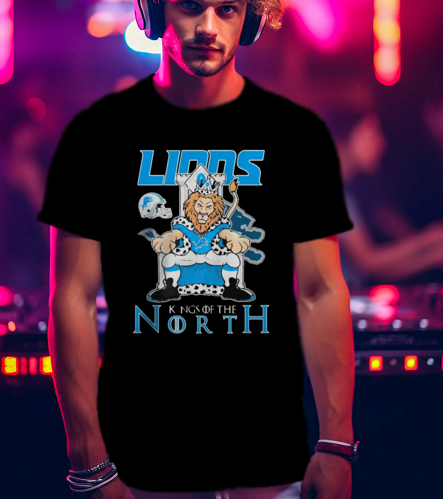 Detroit Lions Kings Of The North Mascot Roaring On Throne With Helmet T-Shirt