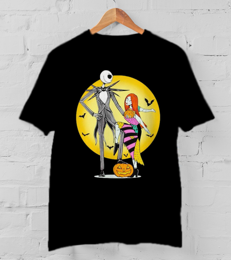 Jack And Sally Halloween Pumpkin Scene With Bats In The Nightmare Before Rumours T-Shirt