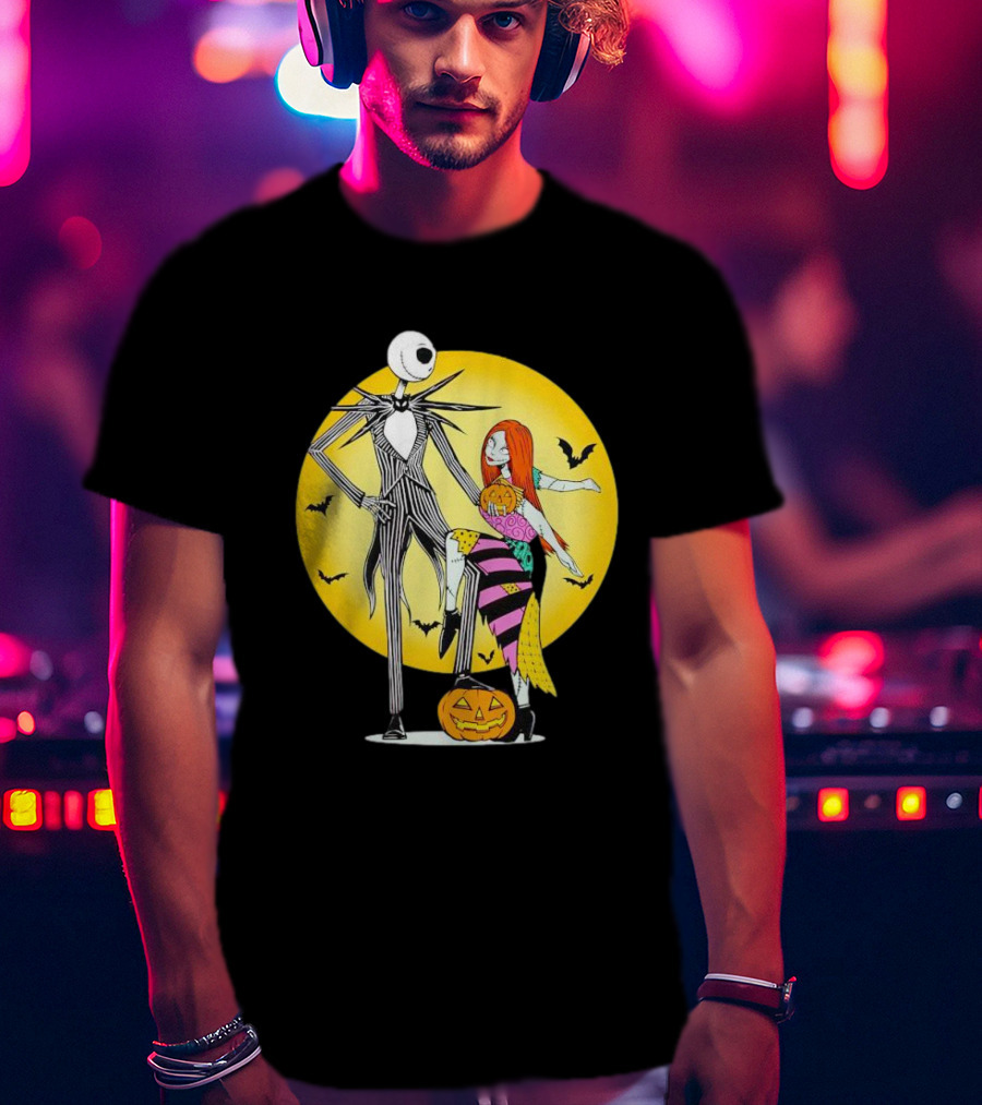Jack And Sally Halloween Pumpkin Scene With Bats In The Nightmare Before Rumours T-Shirt