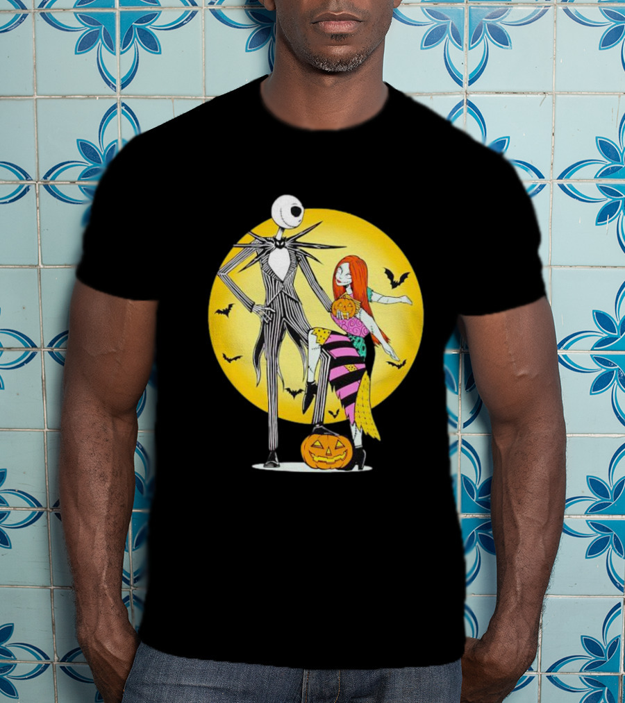 Jack And Sally Halloween Pumpkin Scene With Bats In The Nightmare Before Rumours T-Shirt