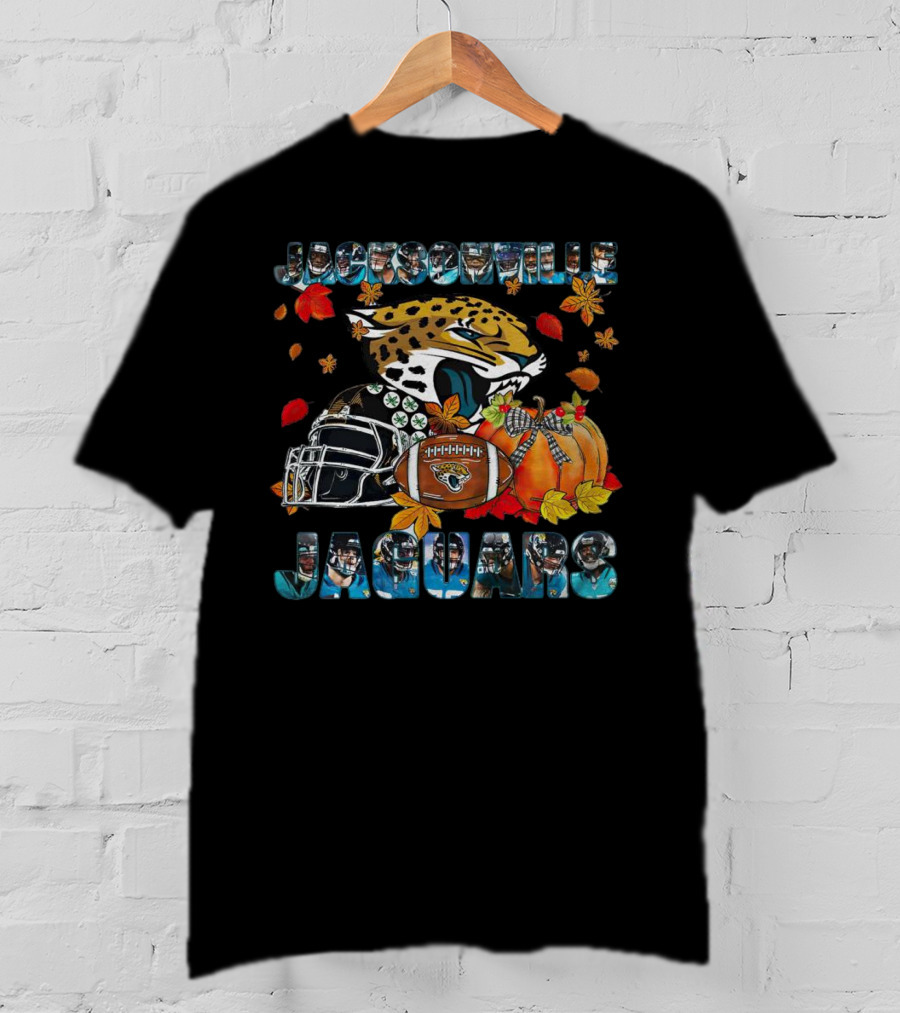 Jacksonville Jaguars Autumn Football Helmet And Pumpkin Leaves T-Shirt