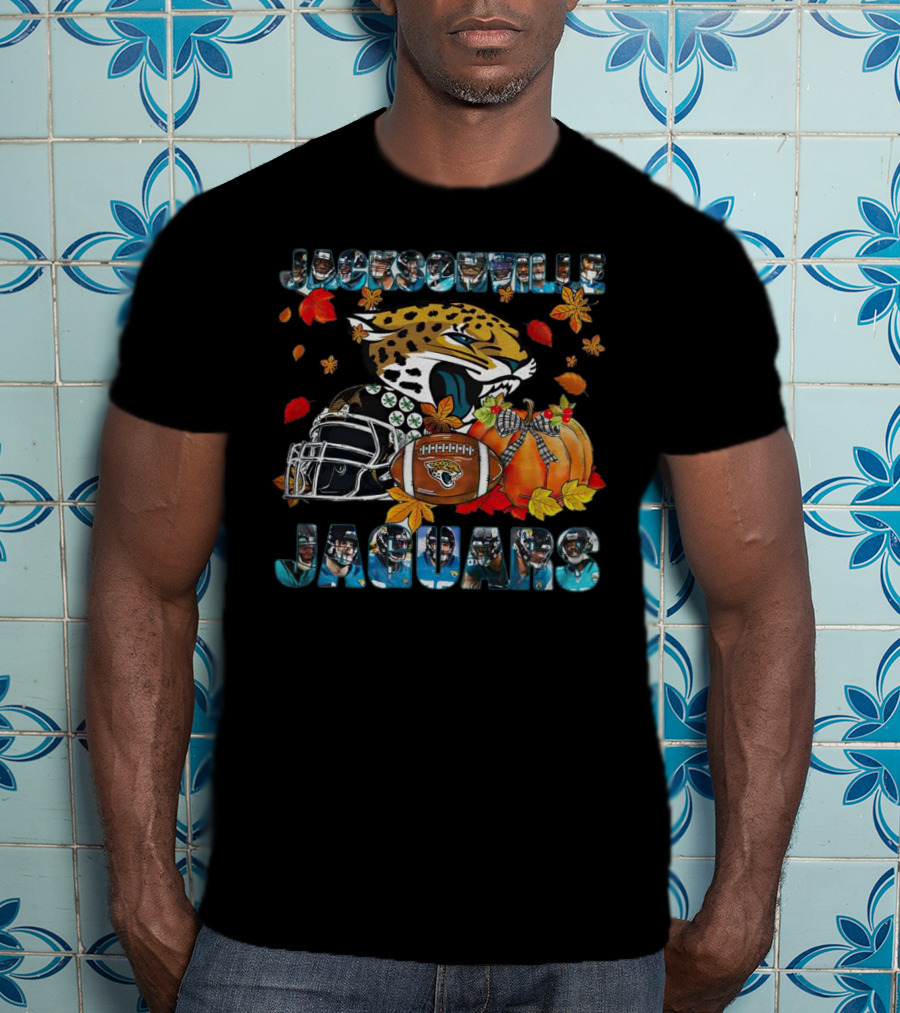 Jacksonville Jaguars Autumn Football Helmet And Pumpkin Leaves T-Shirt