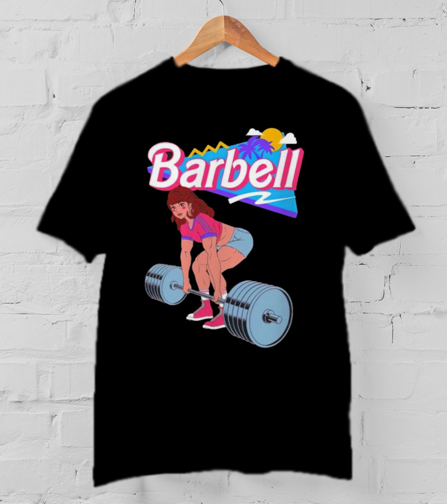 Barbell Brunette Retro Workout With Tropical Sunset And 80s Vibes T-Shirt
