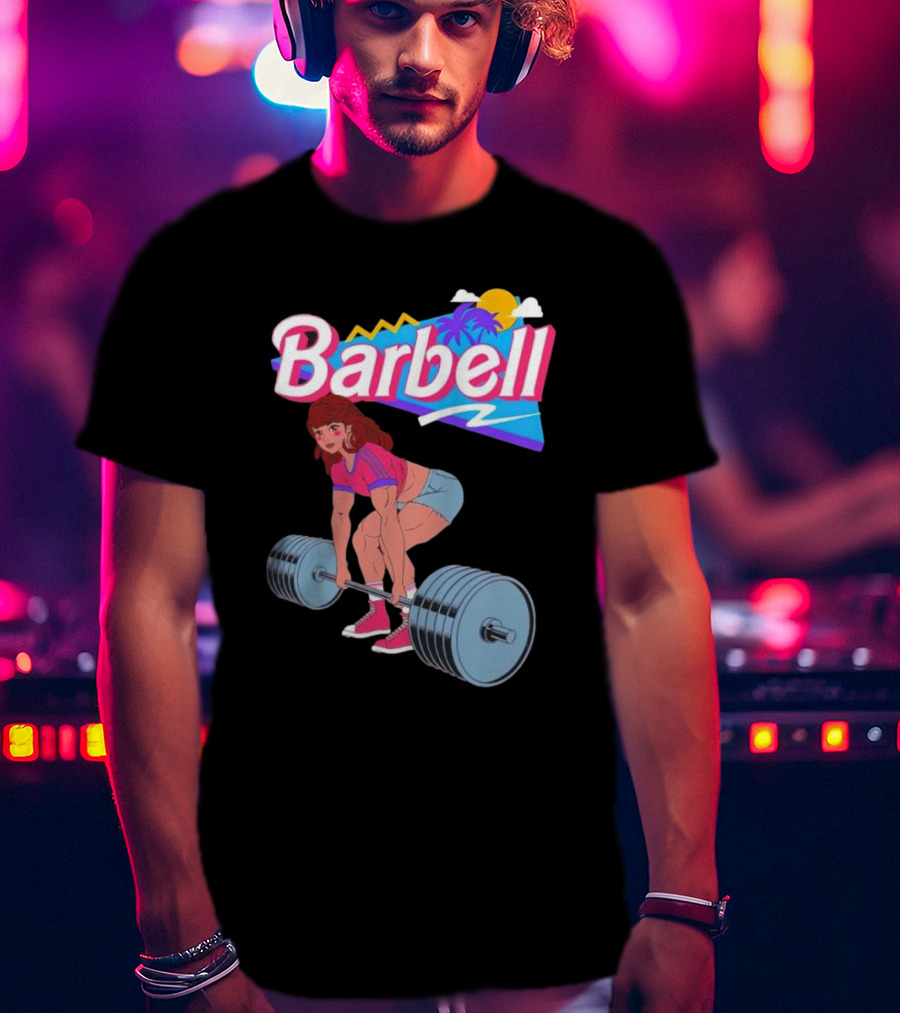 Barbell Brunette Retro Workout With Tropical Sunset And 80s Vibes T-Shirt
