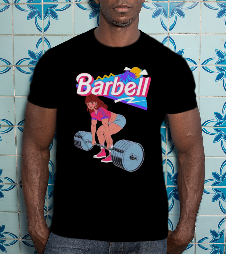 Barbell Brunette Retro Workout With Tropical Sunset And 80s Vibes T-Shirt
