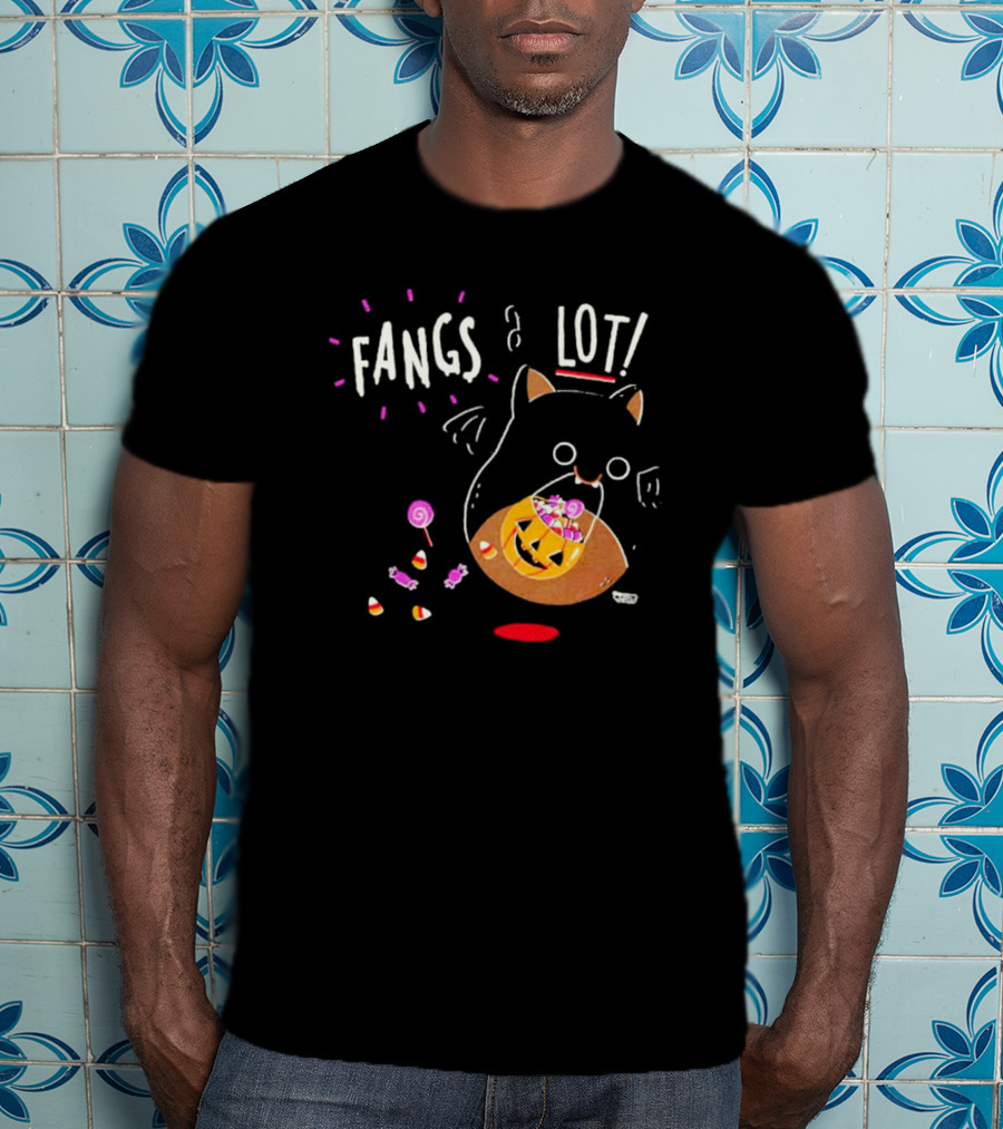 Fangs A Lot Cat With Halloween Candy And Jack-O'-Lantern T-Shirt