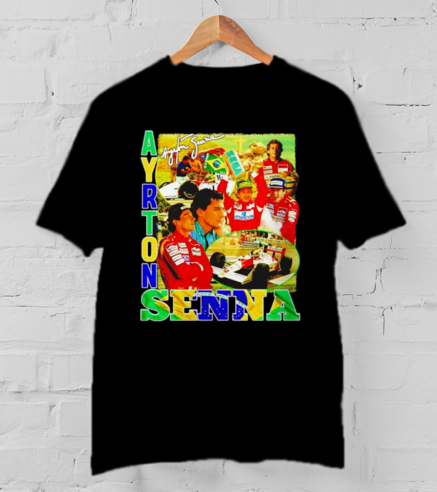 Ayrton Senna Signature Celebration Collage With Brazilian Flag Colors T-Shirt
