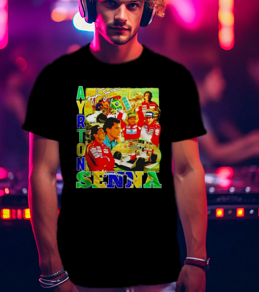 Ayrton Senna Signature Celebration Collage With Brazilian Flag Colors T-Shirt