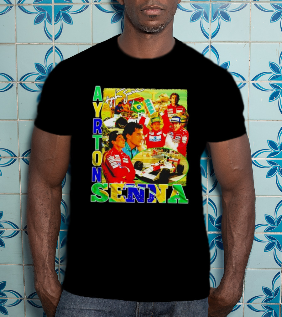 Ayrton Senna Signature Celebration Collage With Brazilian Flag Colors T-Shirt