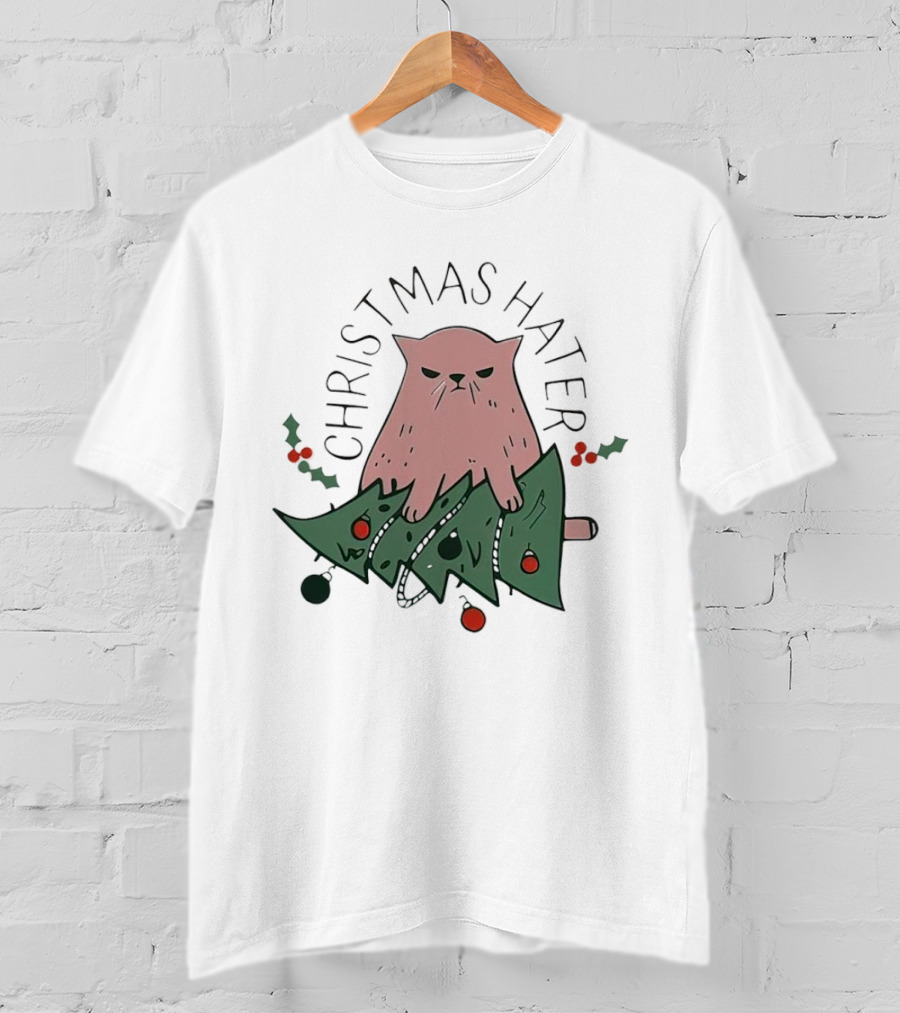 Christmas Hater Angry Cat With Broken Tree And Holly Decorations T-Shirt