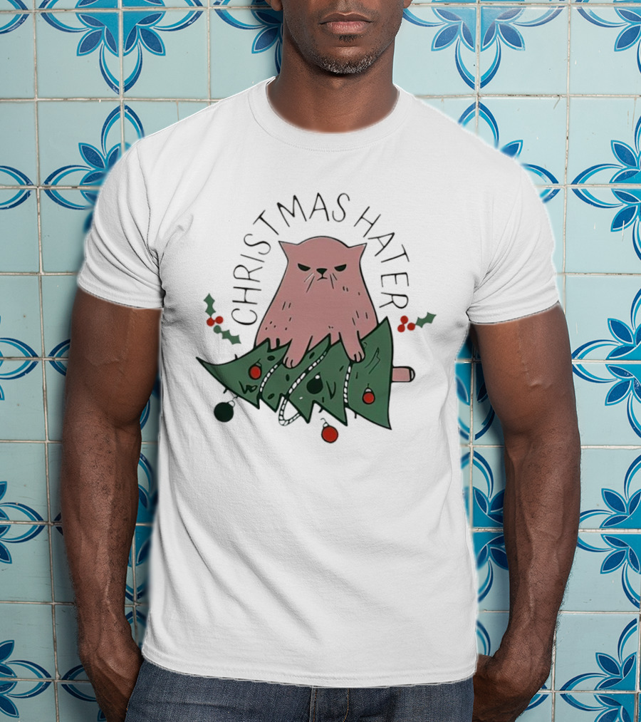 Christmas Hater Angry Cat With Broken Tree And Holly Decorations T-Shirt