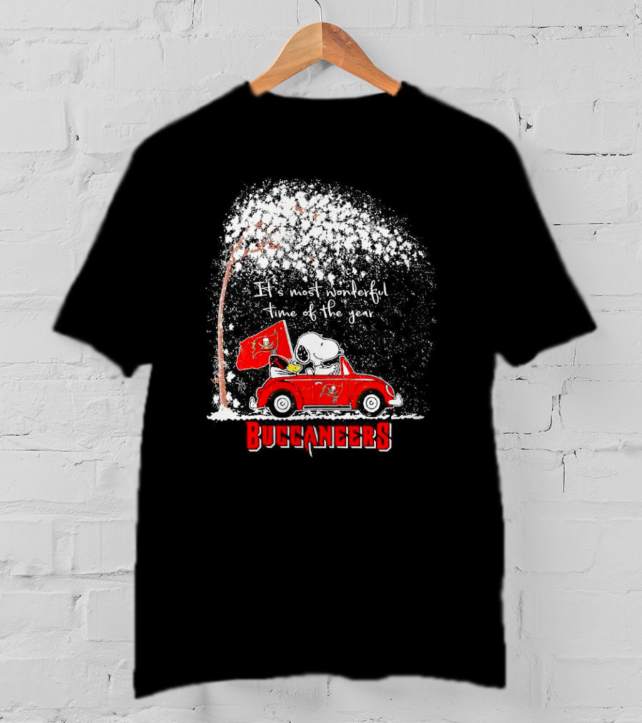 Snoopy And Woodstock Buccaneers It's Most Wonderful Time Of The Year Winter Scene T-Shirt