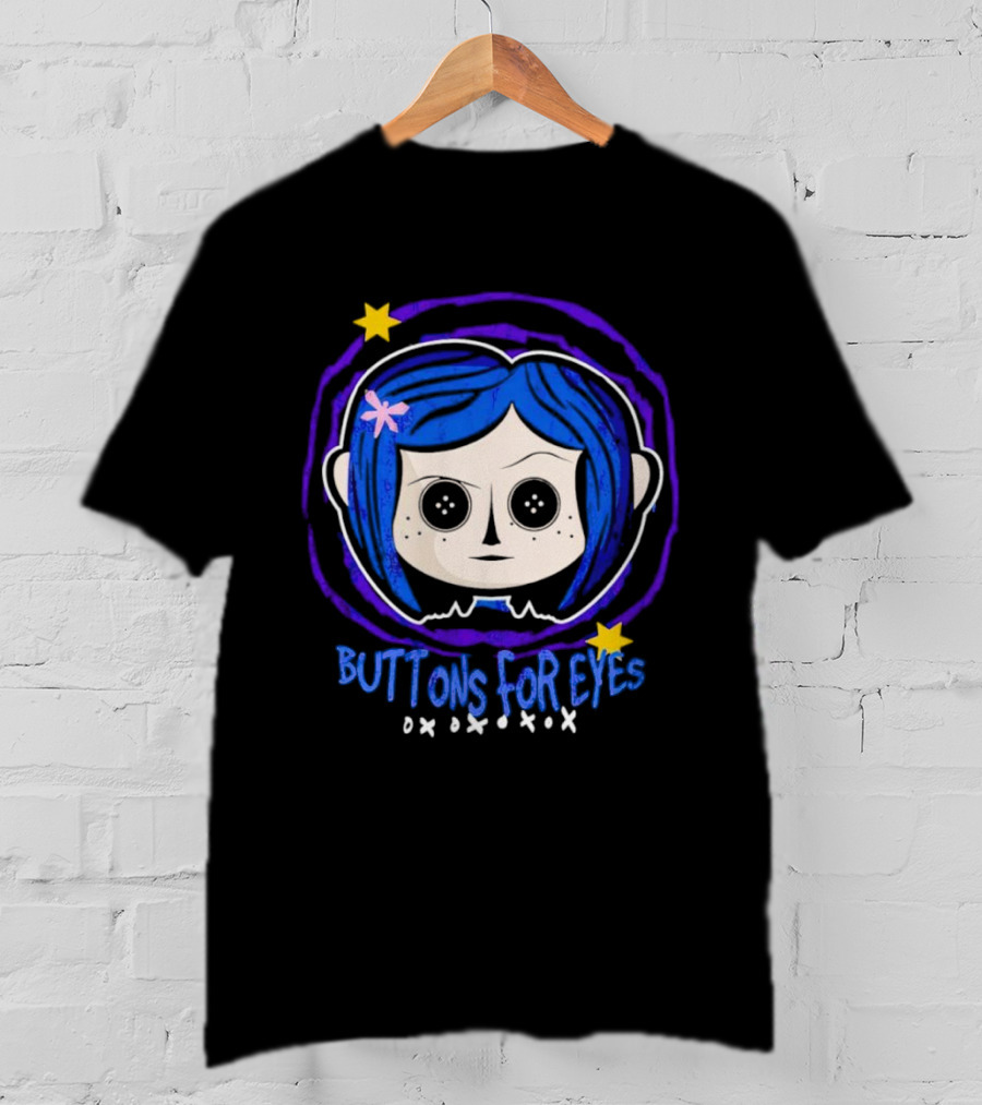 Buttons For Eyes Blue Haired Character With Stars T-Shirt