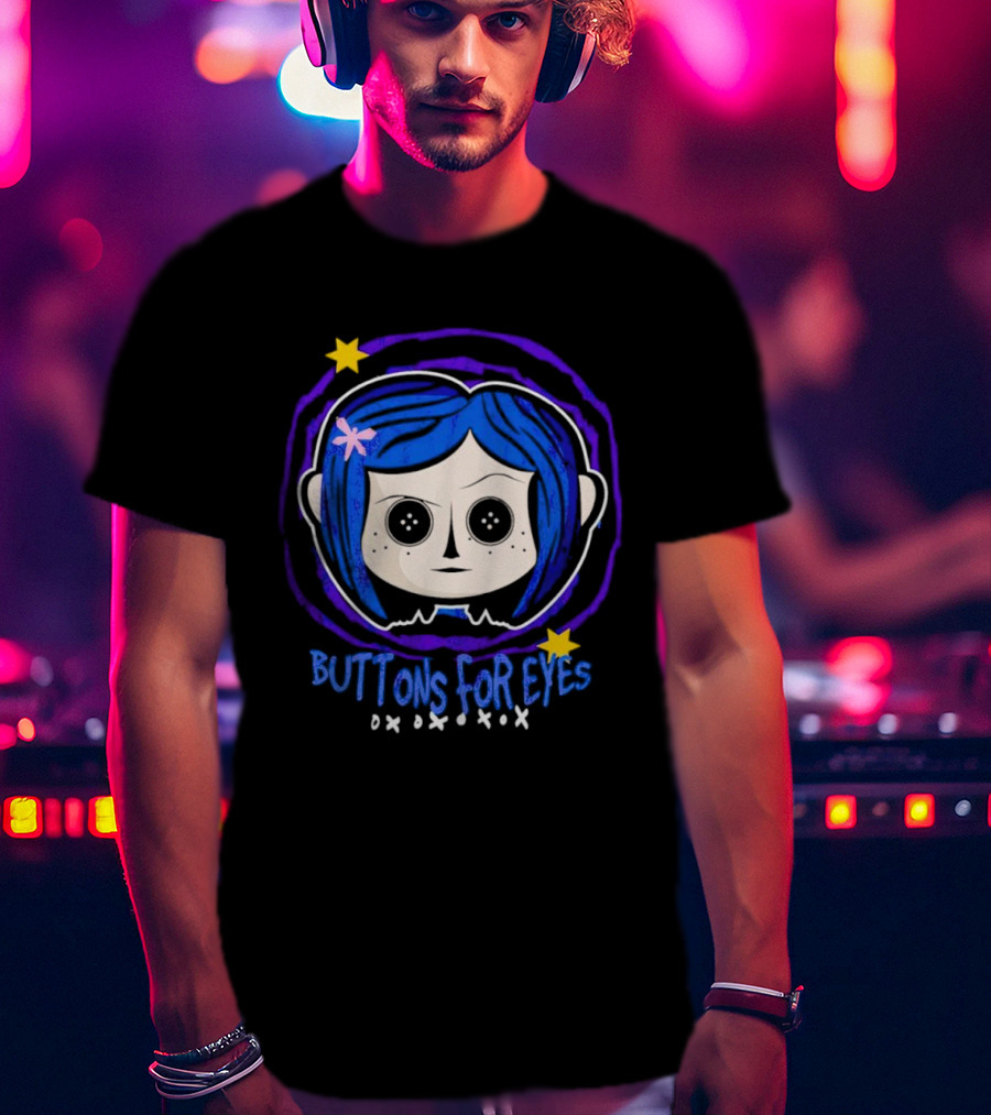 Buttons For Eyes Blue Haired Character With Stars T-Shirt