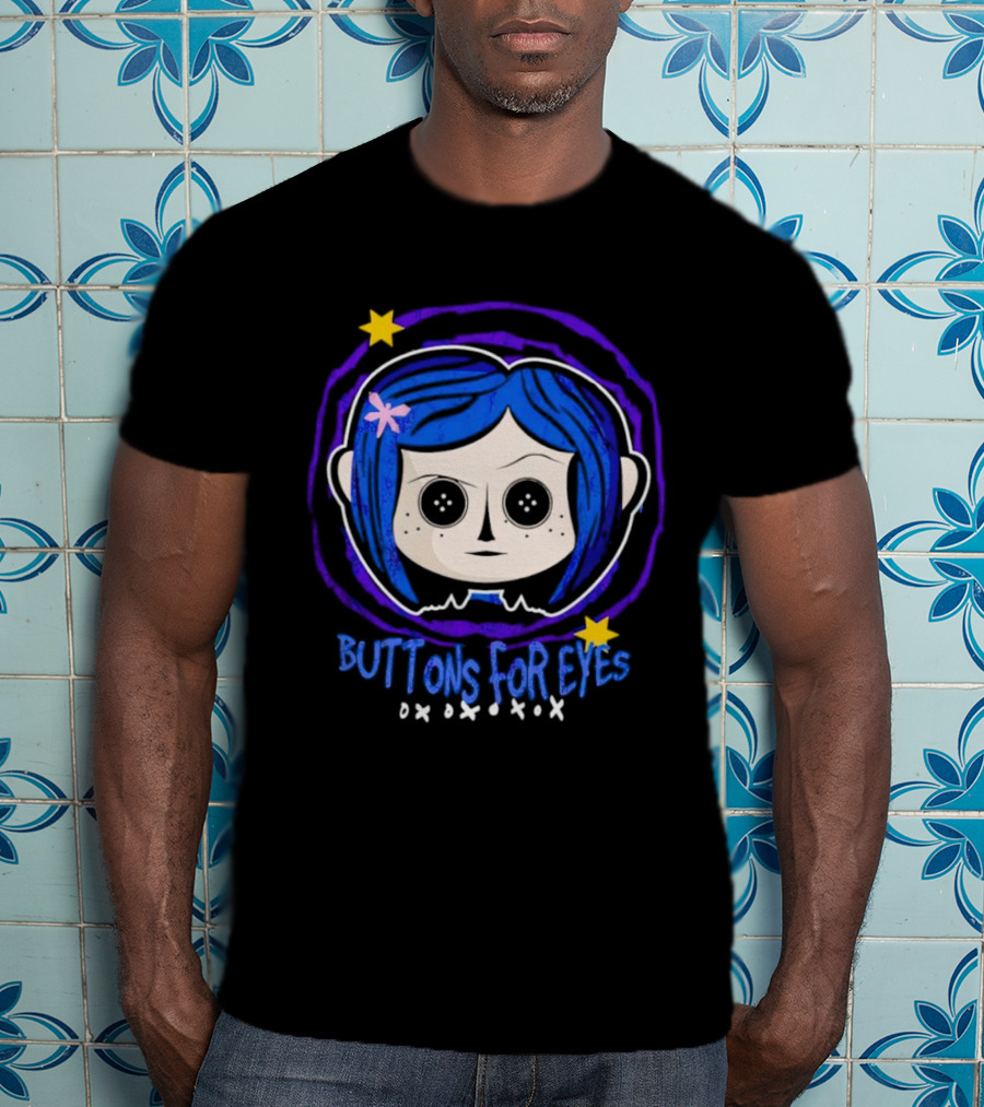 Buttons For Eyes Blue Haired Character With Stars T-Shirt