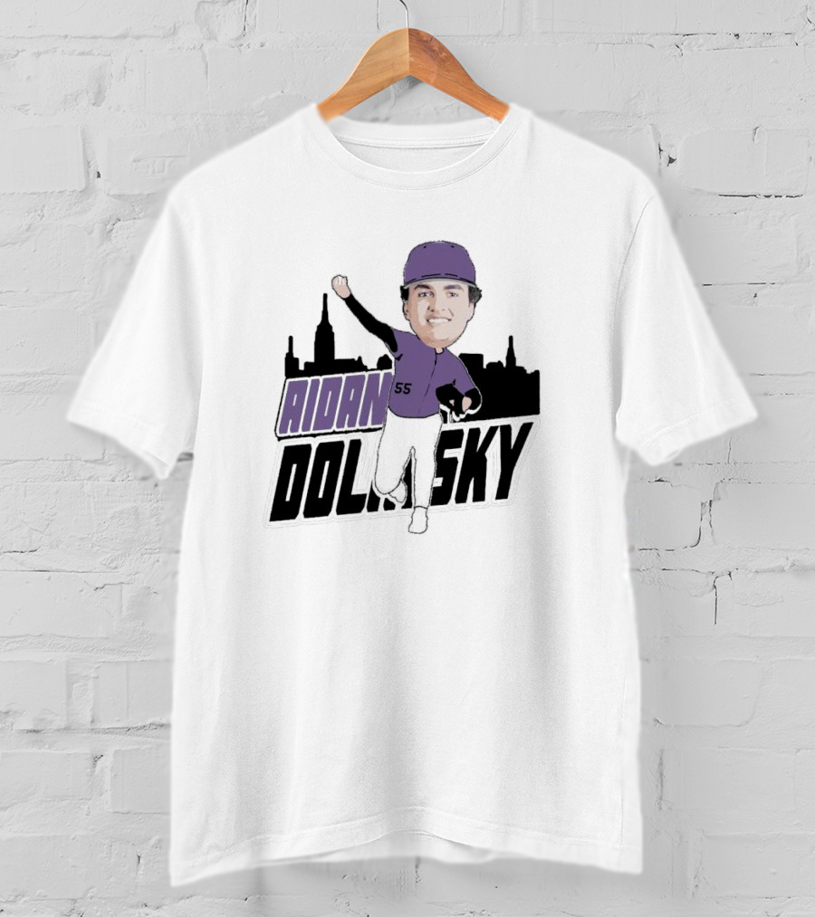 Aidan Dolinsky 55 Purple Baseball Caricature With City Skyline T-Shirt