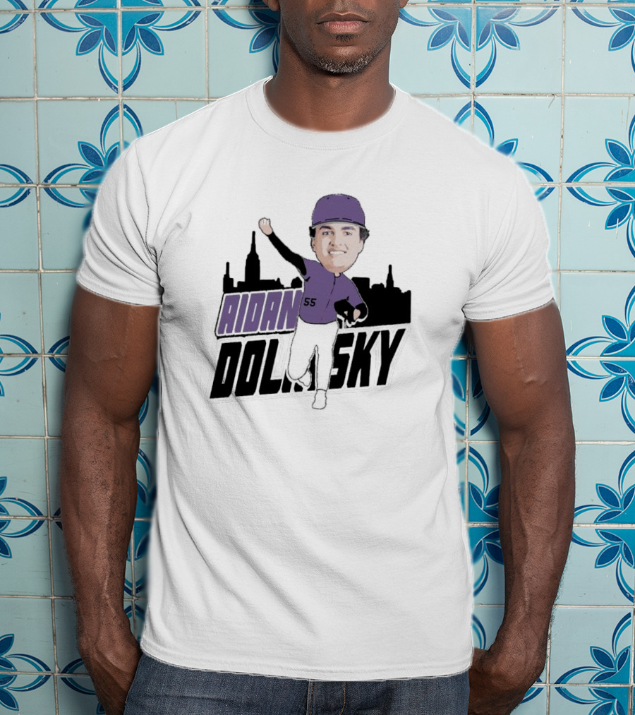 Aidan Dolinsky 55 Purple Baseball Caricature With City Skyline T-Shirt