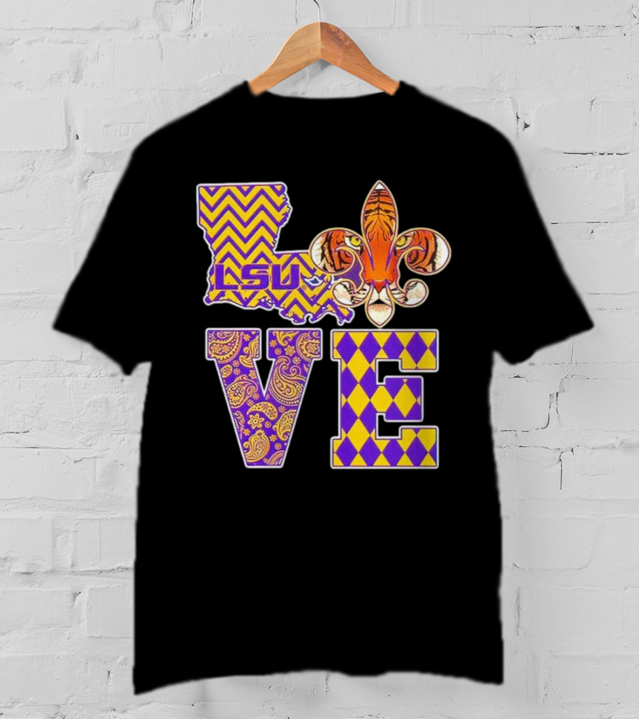 LSU Tigers Love Fleur De Lis Louisiana Purple Gold Chevron Paisley Harlequin T-Shirt