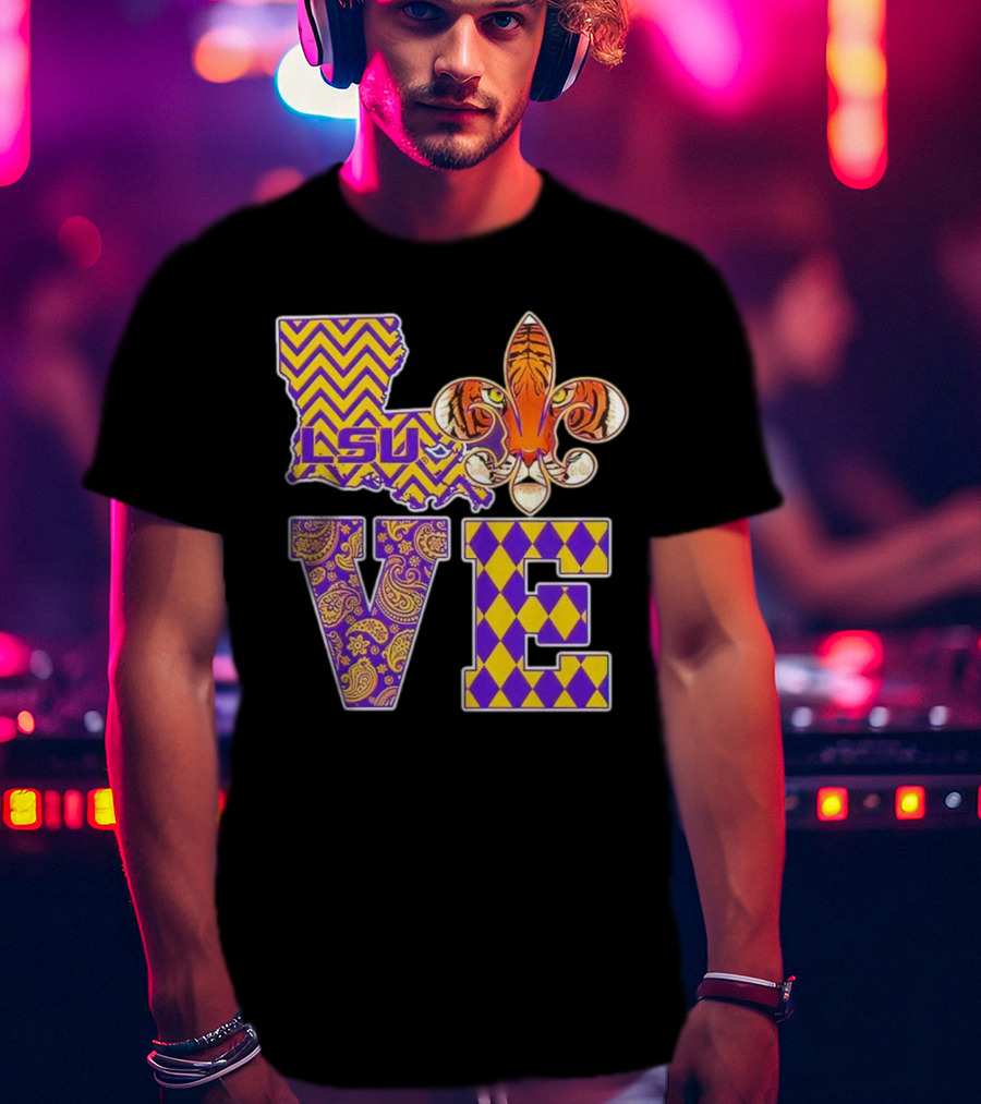 LSU Tigers Love Fleur De Lis Louisiana Purple Gold Chevron Paisley Harlequin T-Shirt