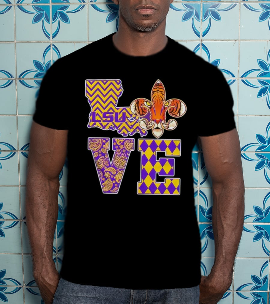 LSU Tigers Love Fleur De Lis Louisiana Purple Gold Chevron Paisley Harlequin T-Shirt