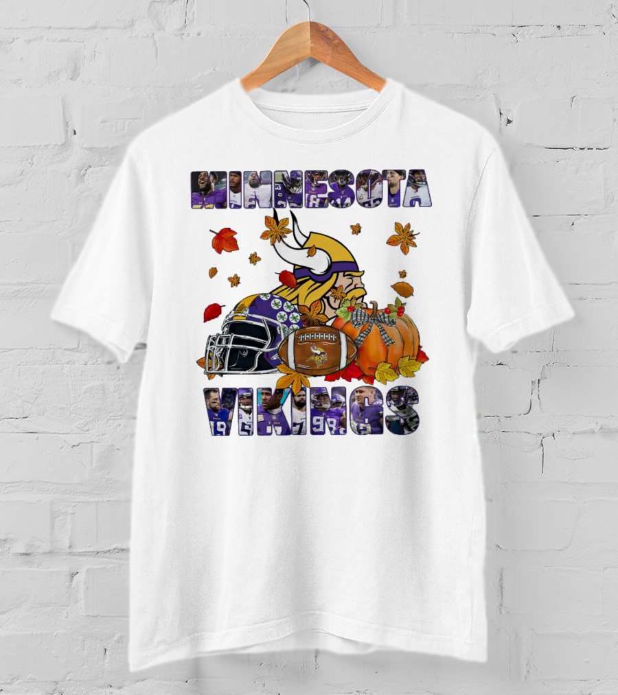 Minnesota Vikings Football Fall Leaves Helmet Pumpkin T-Shirt