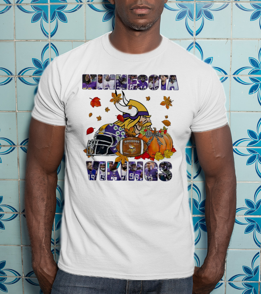 Minnesota Vikings Football Fall Leaves Helmet Pumpkin T-Shirt