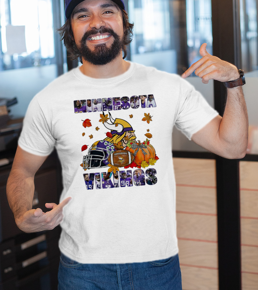 Minnesota Vikings Football Fall Leaves Helmet Pumpkin T-Shirt