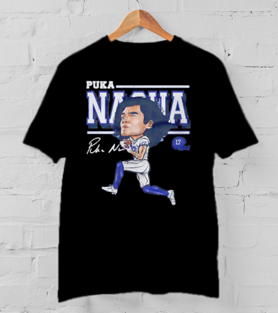 Puka Nacua Los Angeles 17 Cartoon Autograph Football T-Shirt