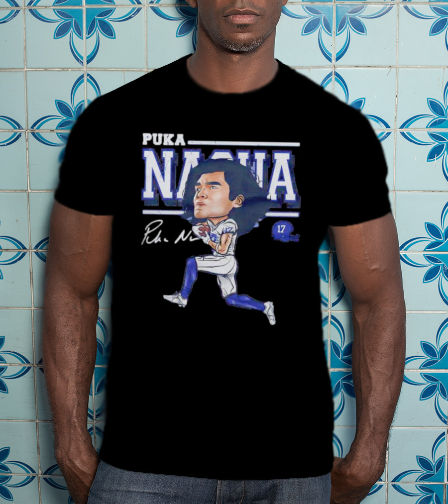 Puka Nacua Los Angeles 17 Cartoon Autograph Football T-Shirt