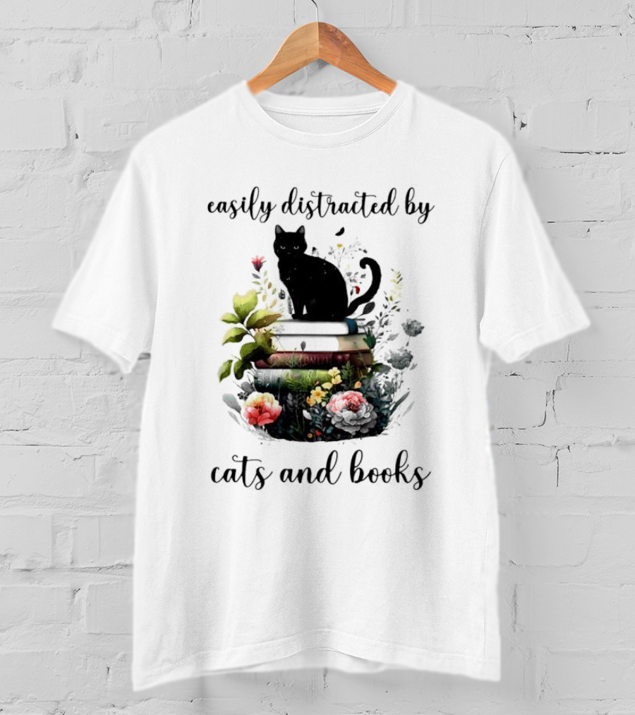 Easily Distracted By Cats And Books Black Cat On Stacked Books With Flowers T-Shirt