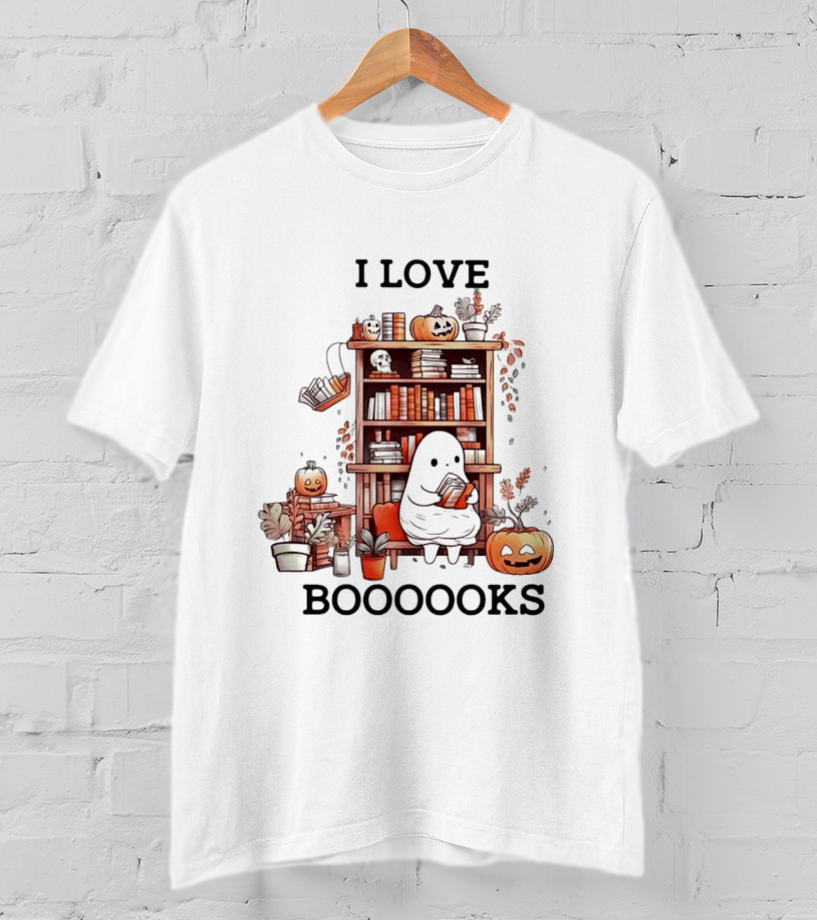 I Love Boooooks Ghost Reading With Pumpkins And Bookshelf Halloween T-Shirt