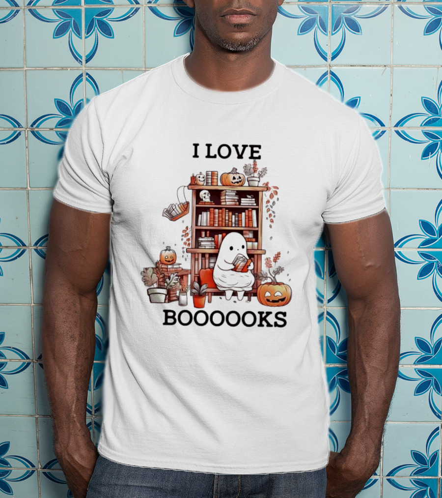 I Love Boooooks Ghost Reading With Pumpkins And Bookshelf Halloween T-Shirt